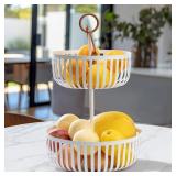 La Jolie Maison 2-Tier Fruit Basket, Countertop Vegetable Basket Bowl Metal Wire Storage Stand Holder Organizer for Bread Snack Veggies, Matte White - Retail: $30
