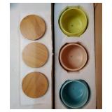 Assorted Blue Pink Yellow Round Ceramic Succulent Pots 3 Planters with Drainage | Bamboo Tray | 3 Pack - Retail: $19"