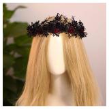 Gothic Black Flower Crown - Woodland Fairy Headpiece Dark Forest Circlet Elf Leaf Tiara for Women Witch Goth Wedding Renaissance Halloween Renfaire Cosplay - Retail: $19