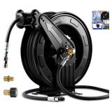 Retractable Hose Reel, Double Arm 3/8 in x 50 ft Heavy Duty Steel Professional Power Wash Hose Reel for Oil/Air/Water 4000 PSI w/5 ft Lead (Pressure cleaning hose not included) - Retail 200