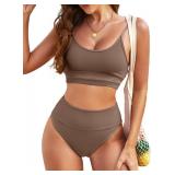 Herseas Womens Two Piece High Waisted Cheeky Scoop Neck Bikini Sets Swim Suit Sporty Best Bathing Suits Solid Color Crop Top High Cut Bottoms Cute Swimwear for Teens Brown Small