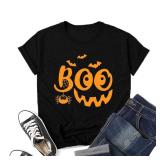 Holiday T Shirts for Women Novelty Bat Boo Graphic Print Halloween Wear T Shirts Fall Comfy Short Sleeve Halloween Night Tee Tops(Black L)