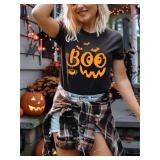 Holiday T Shirts for Women Novelty Bat Boo Graphic Print Halloween Wear T Shirts Fall Comfy Short Sleeve Halloween Night Tee Tops(Black L)