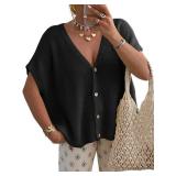 NewHer Womens Oversized Cardigan Sweaters Tops Batwing Short Sleeve Cardigans Fall Lightweight Button Up V Neck Knit Sweater, XL Black