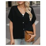 NewHer Womens Oversized Cardigan Sweaters Tops Batwing Short Sleeve Cardigans Fall Lightweight Button Up V Neck Knit Sweater, XL Black