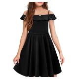 Yoklass Girls Black Dress Off Shoulder Elastic Waist Ruffle Knee Length Cute Solid Dresses, 10-11 Years
