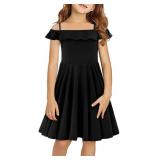 Yoklass Girls Black Dress Off Shoulder Elastic Waist Ruffle Knee Length Cute Solid Dresses, 10-11 Years