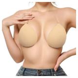 Invisible Adhesive Push-Up Bra Sticky Strapless Bra with Clear Halter Neck Strap for Backless Dresses/Tops(D413-Beige-E New