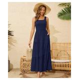 Kranda Summer Dresses for Women Square Neck Tank Top Maxi Dress Sleeveless Tiered Beach Sundress with Pockets, Navy Blue M