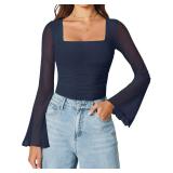 Avidlove Bodysuits for Women Long Bell Sleeve Mesh Square Neck Body Suits Going Out Tops Ruched Bodysuit Club Country Concert Fall Outfits Western Date Night Outfit Navy Blue S