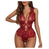 Avidlove Red Lingerie Women One Piece Lingerie Lace Bodysuit Deep V Teddy Mini Babydoll, Large