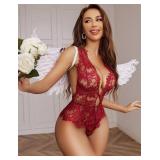 Avidlove Red Lingerie Women One Piece Lingerie Lace Bodysuit Deep V Teddy Mini Babydoll, Large