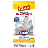 Glad ForceFlex MaxStrength with Clorox Tall Kitchen Trash Bags, 13 Gal, 34 Ct (Package May Vary)