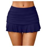 Tempt Me Women Navy Blue Ruched Ruffle Swim Skirt - 2025 Mid Rise Tummy Control Bikini Swimsuit Bathing Suit Skirt Bottom S
