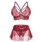 CRIPOM Sexy Lingerie for Women Lingerie Skirt Set for Women 3 Piece Bralette, Mini Skirt with G-String Lingerie Set Wine Red L