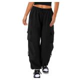 COPYLEAF Cargo Pants Women High Waisted Parachute Pants with Pockets Quick Dry Lightweight Baggy Pants(Black L)