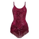 IBAKOM Women Sexy Shiny Sequins Fringe Bodysuit Sparkly Tassel Latin Jazz Dance Acrobat Costume Adult Circus Trapeze Artist Dancing Queen Rave Outfits Glitter Christmas Dance Leotard Wine Red M