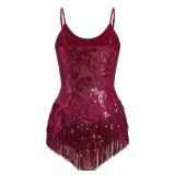IBAKOM Women Sexy Shiny Sequins Fringe Bodysuit Sparkly Tassel Latin Jazz Dance Acrobat Costume Adult Circus Trapeze Artist Dancing Queen Rave Outfits Glitter Christmas Dance Leotard Wine Red M