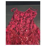 IBAKOM Women Sexy Shiny Sequins Fringe Bodysuit Sparkly Tassel Latin Jazz Dance Acrobat Costume Adult Circus Trapeze Artist Dancing Queen Rave Outfits Glitter Christmas Dance Leotard Wine Red M