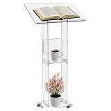 $129 Trmullory Acrylic Podium Stand with Storage Shelf, 47.2"H, Clear