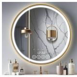 $130 24-Inch Wall-Mounted Round Bathroom Mirror with LED Lights, Gold