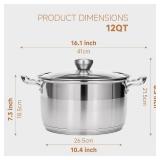 Ohtomber Stainless Steel Stock Pot 12-Quart with Lid, Deep