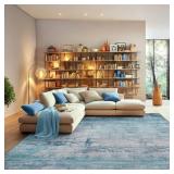 $210 FLYRUGGO Abstract 9x12 Area Rug - Washable, Non-Slip, Teal/Grey