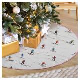 JQF Winter Skiing Christmas Tree Skirt, Country Snowy Tree Skirt, Rustic Ski Xmas Tree Mat Ornaments for Winter New Year Home Party Holiday Indoor Decor, 36 Inch