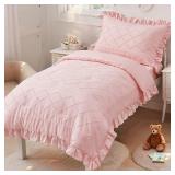 Boho Tufted Toddler Bedding Set for Girls Pink Ruffle Crib Bed Set Soft Jacquard Embroidery Toddler Comforter Set Bed in a Bag