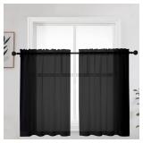 OWENIE Short Black Sheer Curtains 36 Inches 2 Panels Set - Kitchen Tiers Valances Curtains Light Filter Rod Pocket Voile Cafe Curtains for Kitchen Bathroom Small Half Window, 42 in W x 36 in L, Black
