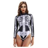 Lucky2Buy Halloween Skeleton Costume for Women Cozy Long Sleeve Onesie Adult Bodysuit (Black/White, Small Medium)
