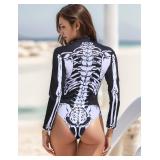 Lucky2Buy Halloween Skeleton Costume for Women Cozy Long Sleeve Onesie Adult Bodysuit (Black/White, Small Medium)
