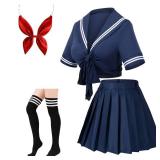 Japanese Anime Schoolgirl Classic Sailor JK Harajuku Crop Top Tie up Pleated Skirt Uniform Seifuku Socks Bow Set Navy L MISSING SOCKS
