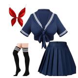 Japanese Anime Schoolgirl Classic Sailor JK Harajuku Crop Top Tie up Pleated Skirt Uniform Seifuku Socks Bow Set Navy L MISSING SOCKS
