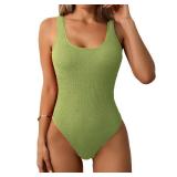 Limeeke Women One Piece Swimsuit Ribbed Monokini Swimwear Textured Scoop Neck Low Back Bathing Suit Grass Green M