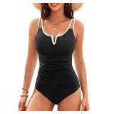 Yonique Womens One Piece Swimsuit Tummy Control - Slimming Bathing Suit V Wired Full Coverage 2025 Swimwear Black and White L