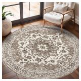 TOPRUUG Washable Oriental Area Rug - 4ft Round Rugs for Living Room Soft Carpet for Bedroom Waterproof Floral Distressed Indoor Stain Resistant Non-Shedding Floor Carpets (Beige, 4ft-Round)
