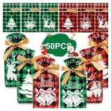 Shintop BULK Christmas Treat Bags with Drawstring, 5.9x9inch Buffalo Plaid Small Gift Bags Plastic Holiday Candy Pouches for Cookies Goodie Snacks Party Favors (Red & Green)