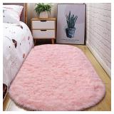 junovo Ultra Soft Washable Shaggy Rug - Non-Slip Oval Carpet for Nursery, Kids Bedroom & Home Decor (2.6x5.3ft Pink) | Plush Fluffy Floor Mat for Cozy Living Spaces