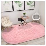junovo Ultra Soft Washable Shaggy Rug - Non-Slip Oval Carpet for Nursery, Kids Bedroom & Home Decor (2.6x5.3ft Pink) | Plush Fluffy Floor Mat for Cozy Living Spaces