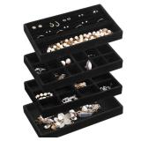 Frebeauty Jewelry Organizer Tray,Stackable Velvet Jewelry Trays,Drawer Inserts Earring Organizer For Women Jewelry Storage Display Case for Rings Stud Necklaces,Set of 4(Black)