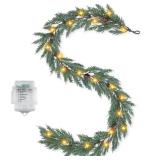 Artgar Christmas Cedar Garland, 6 Ft Realistic Pine Garland, Prelit Christmas Garland with 30 Warm Lights with 8 Light Modes for Mantels Stair Table Indoor Outdoor Winter Xmas Decor (White-Green)