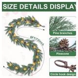 Artgar Christmas Cedar Garland, 6 Ft Realistic Pine Garland, Prelit Christmas Garland with 30 Warm Lights with 8 Light Modes for Mantels Stair Table Indoor Outdoor Winter Xmas Decor (White-Green)