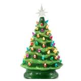 Brightown 13 Inch Ceramic Christmas Tree, Pre-lit Tabletop Christmas Tree with Multicolored LED Lights, Battery Operated Vintage Lighted Ceramic Tree for Home Office Table Holiday Decorations, Green