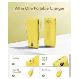 VEGER Portable Charger with Built-in AC Plug and Cables, All in One 10000mAh Ultra Slim Power Bank Travel Essentials, 15W Fast Charging Battery Pack Compatible with iPhone, Samsung, Android (Yellow)