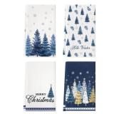 Christmas Kitchen Towels Set of 4, Blue Xmas Tree Snow Hello Winter Merry Christmas Dish Hand Towels, 18x26 Inch Farmhouse Star Snowflake Cleaning for Seasonal Holiday Home Indoor Bathroom Decorations
