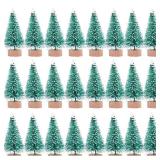 24 Pieces Artificial Mini Christmas Sisal Snow Frost Trees with Wood Base Bottle Brush Trees Plastic Winter Snow Ornaments Tabletop Trees for Christmas Party Home Decoration (Green)