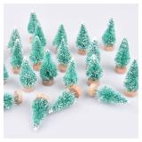 24 Pieces Artificial Mini Christmas Sisal Snow Frost Trees with Wood Base Bottle Brush Trees Plastic Winter Snow Ornaments Tabletop Trees for Christmas Party Home Decoration (Green)