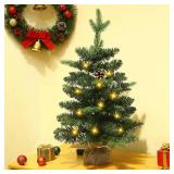Joyhalo 2ft Small Christmas Tree with Lights Warm White, Pre Lit Table Top Christmas Tree, 61 Branches Mini Xmas Tree with Pine Cones for Room Office Classroom Decoration