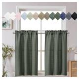 Chyhomenyc Bennet 2-Panel Olive Green Kitchen Curtains - 36 Inch Length, Faux Linen Textured Small Cafe Style, Light Filtering Short Window Curtains for Bathroom, Basement - 30x36 Inch